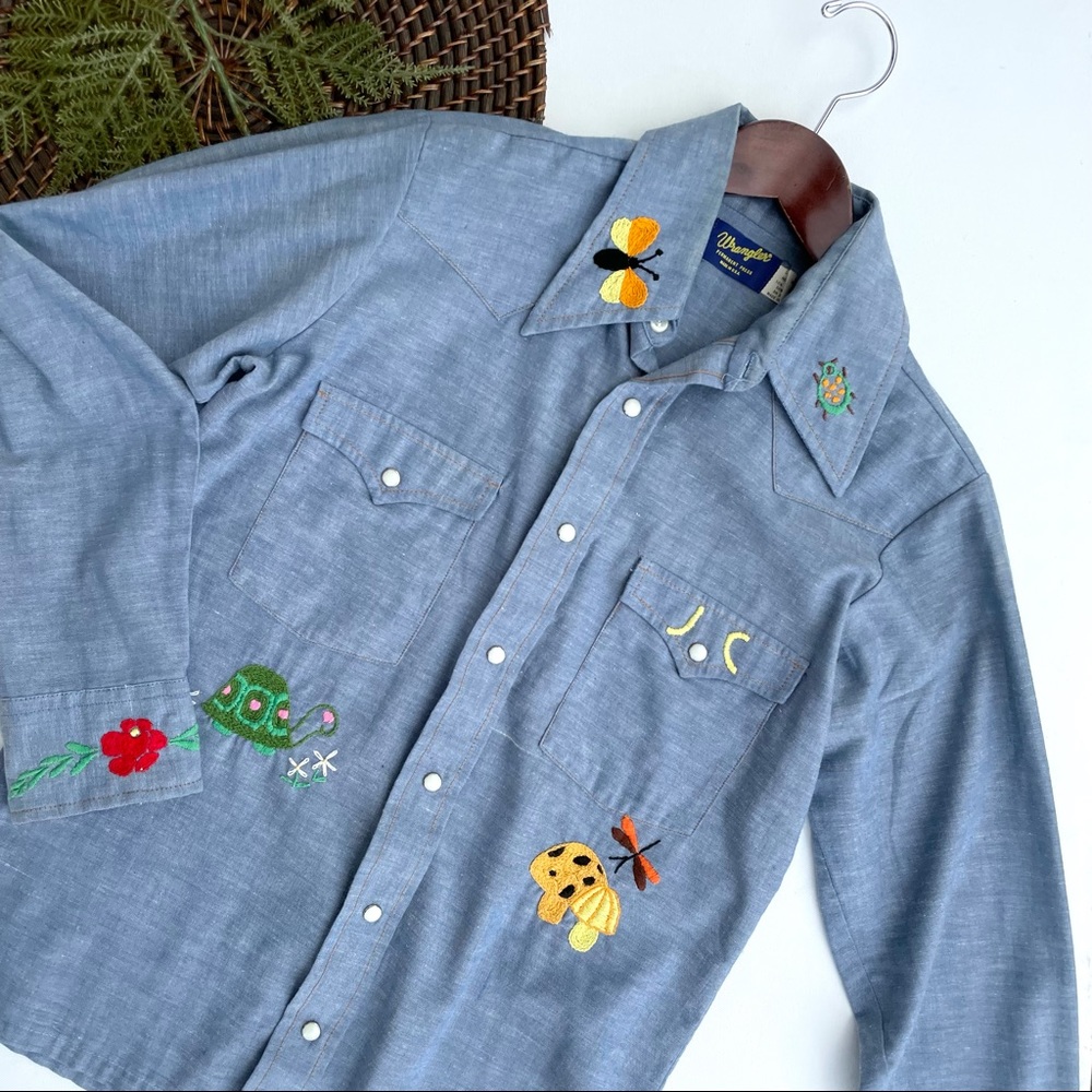 Wrangler Unisex Women’s Chambray Embroidered Shirt Pearl Snap Small